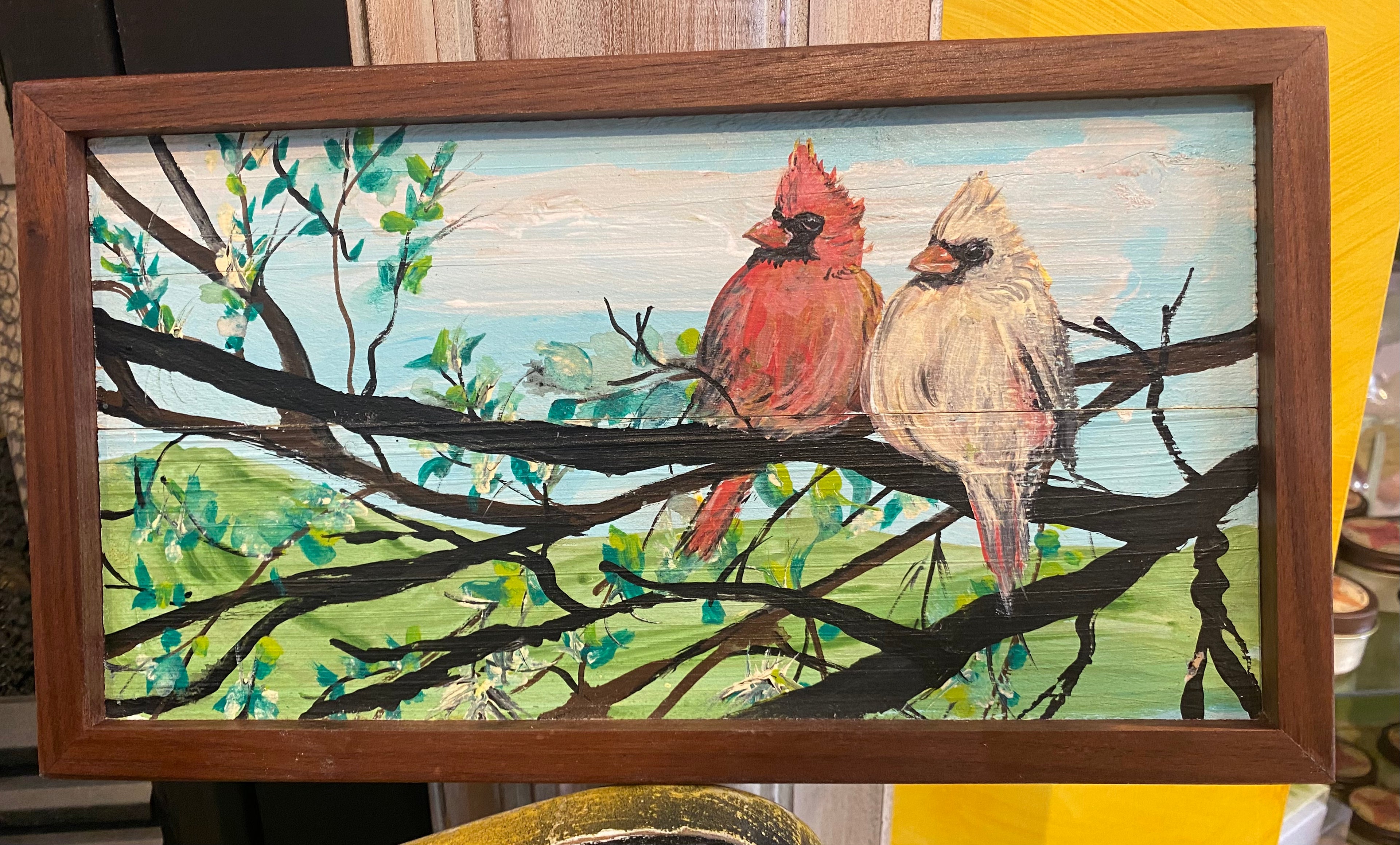 Original reclaimed wood painting “Cardinal Couple #71