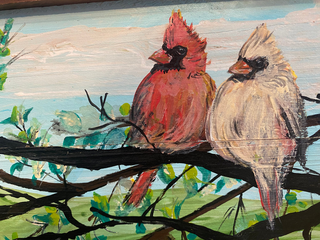Original reclaimed wood painting “Cardinal Couple #71