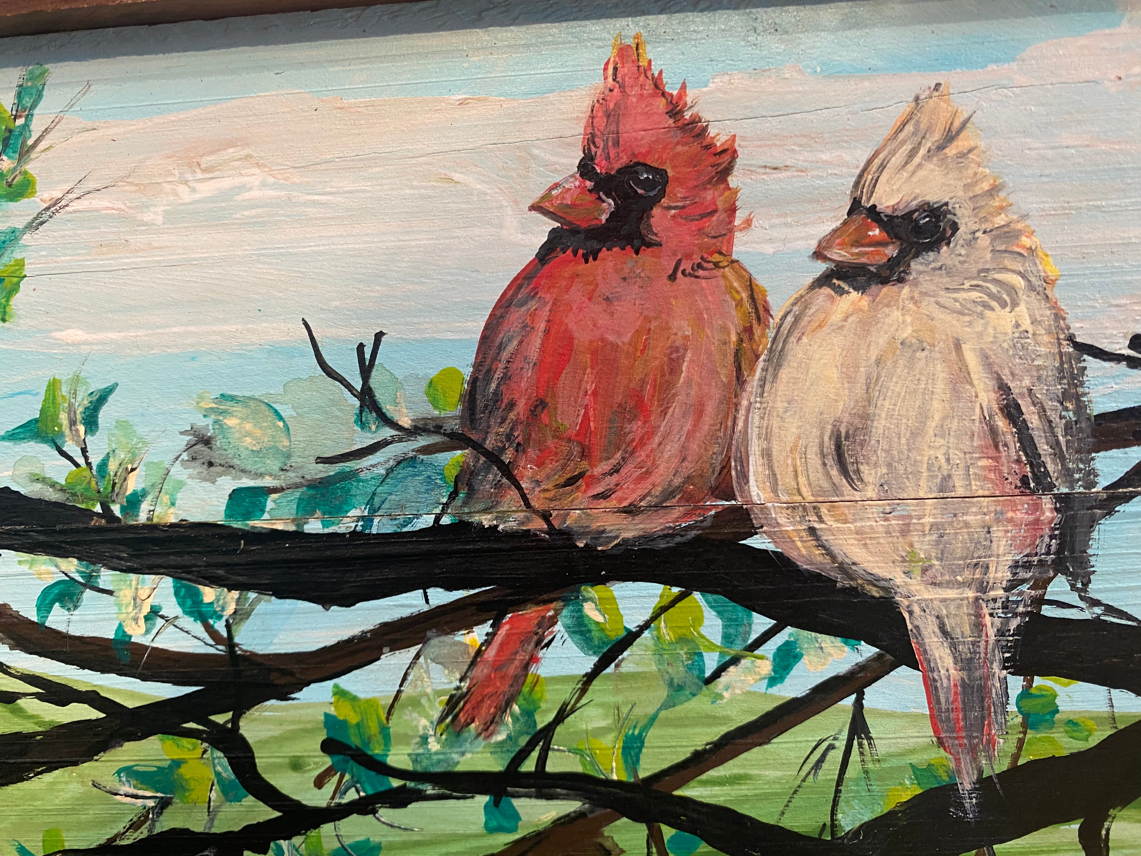 Original reclaimed wood painting “Cardinal Couple #71