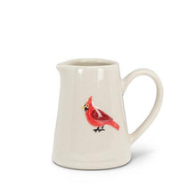 Load image into Gallery viewer, White ceramic pitcher with a red cardinal design on a white background
