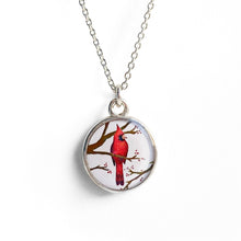 Load image into Gallery viewer, Necklace with a pendant featuring a red bird on a branch against a white background
