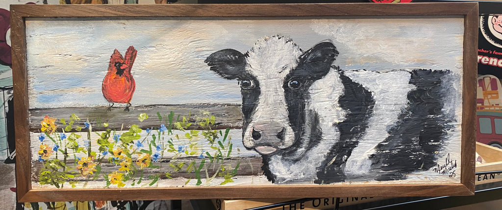Original reclaimed wood painting -  Cardinal and Cow