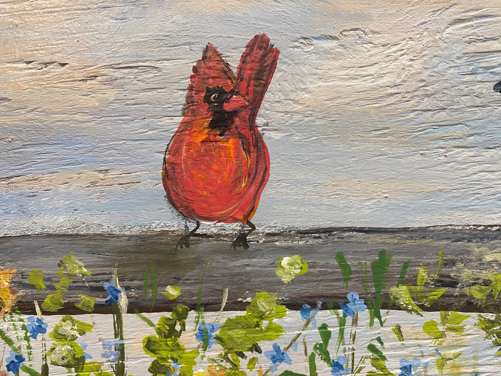 Original reclaimed wood painting -  Cardinal and Cow