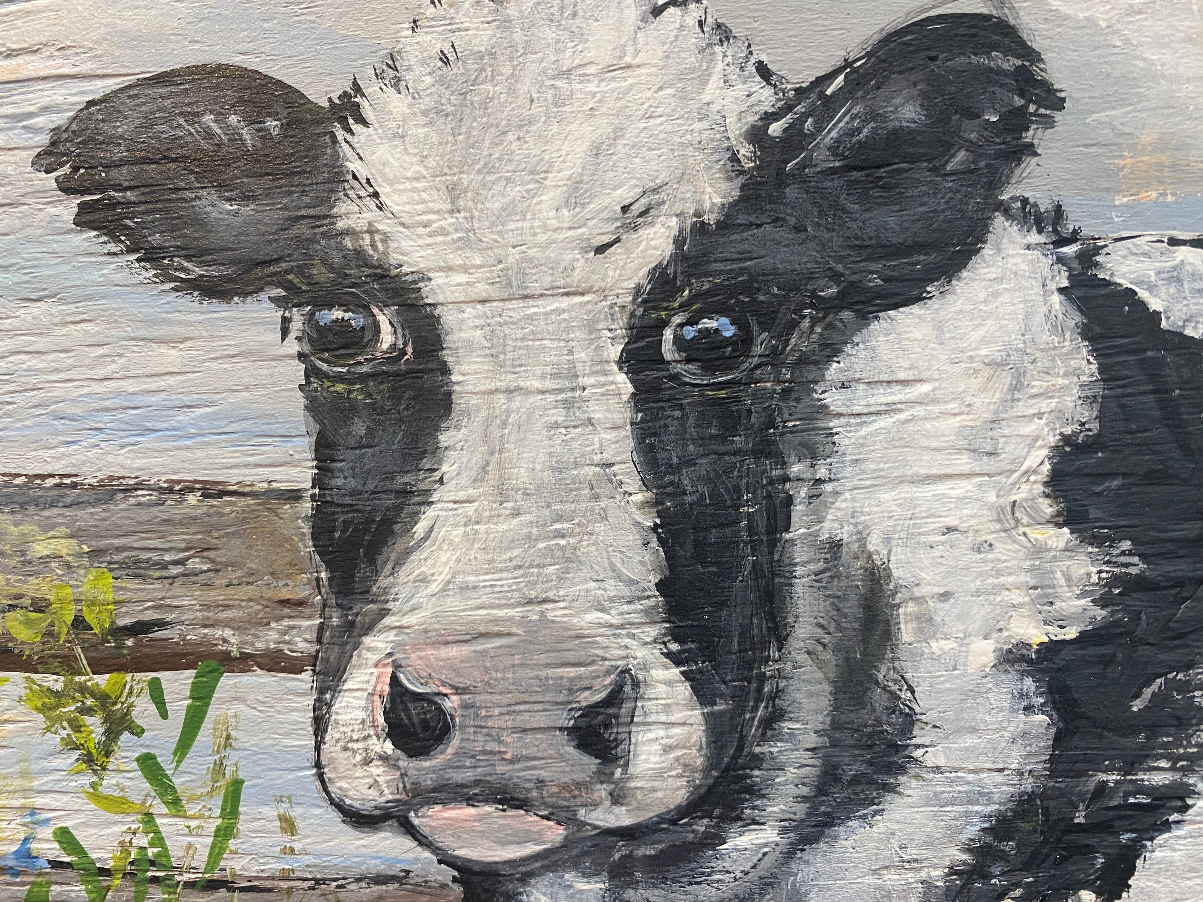 Original reclaimed wood painting -  Cardinal and Cow