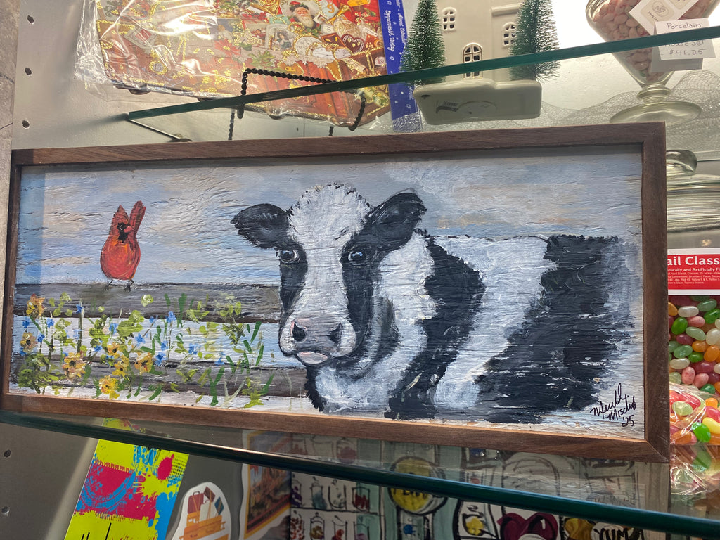 Original reclaimed wood painting -  Cardinal and Cow