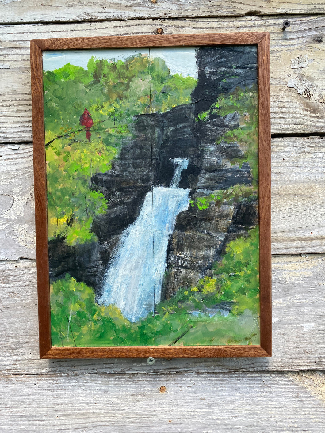 Cardinal at Linville Falls,NC. Original painting on reclaimed wood
