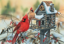 Load image into Gallery viewer, Two cardinals near a snowy birdhouse with berries in the foreground


