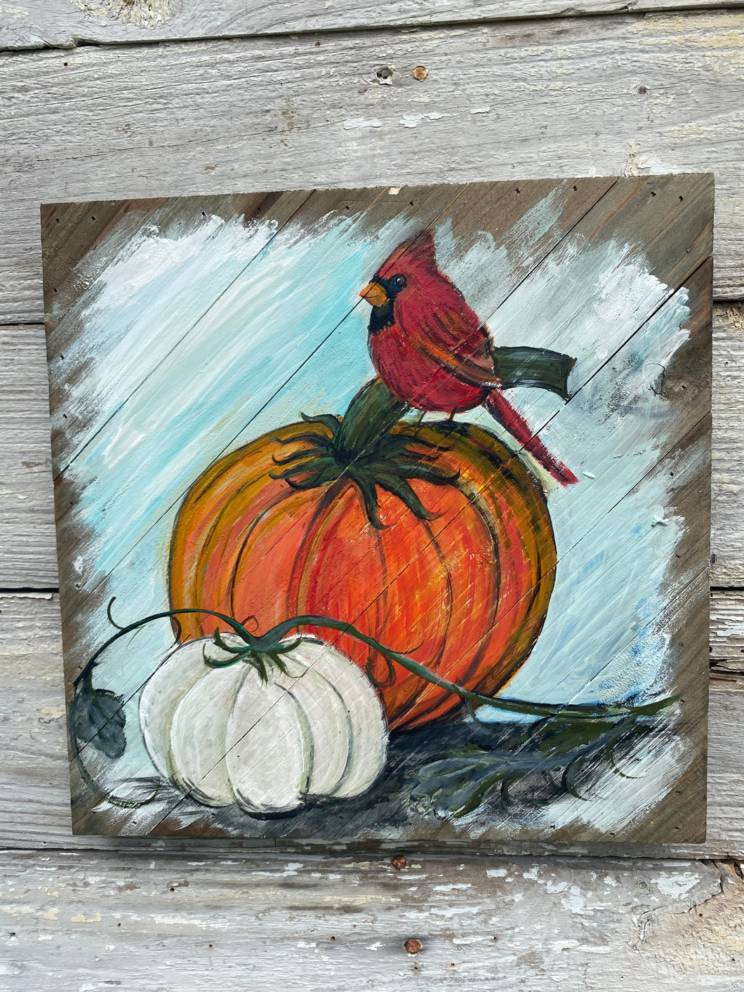 Cardinal and Pumpkins- Original painting on wood