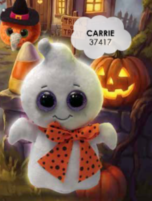 A plush white ghost toy with large purple-rimmed eyes and an orange bow with black polka dots, shown in a Halloween-themed scene with pumpkins, a candy corn, and a speech bubble reading 'CARRIE 37417'.