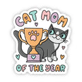 Sticker with a cat holding a trophy and text 'Cat Mom of the Year' on a white background