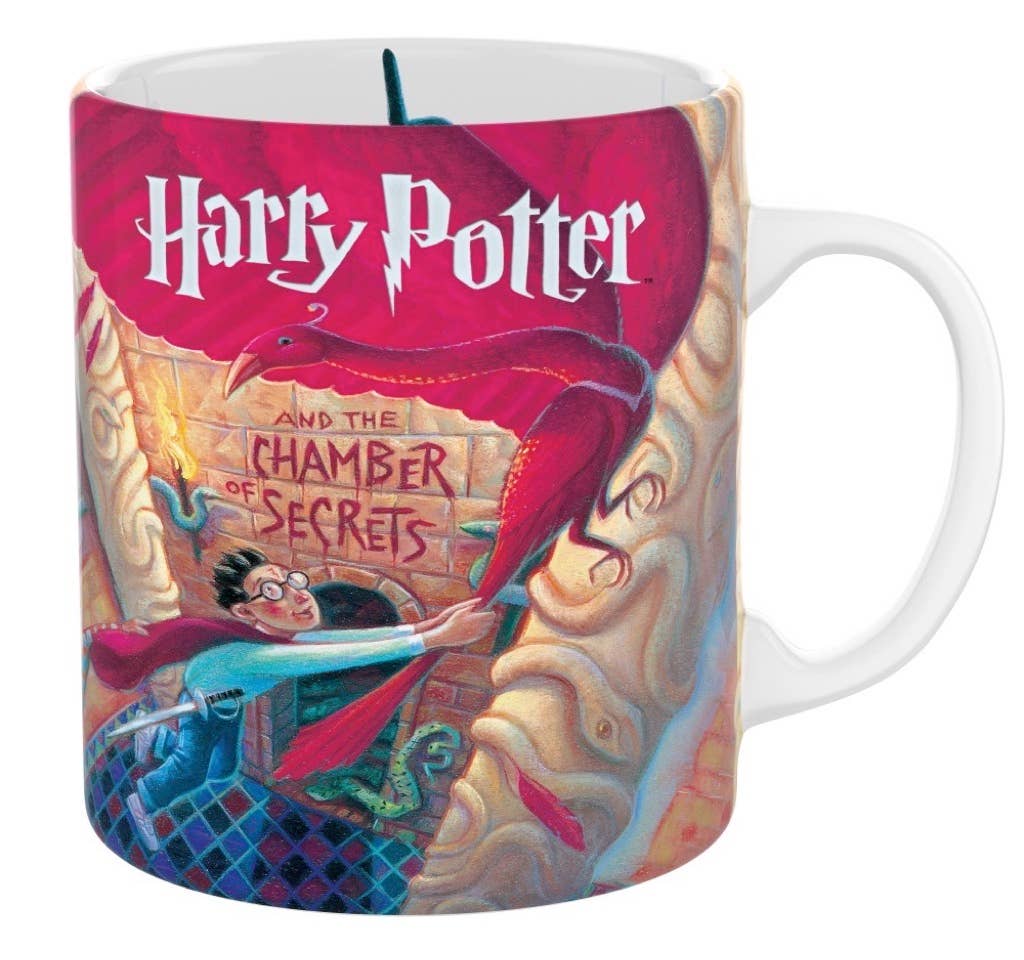 Harry Potter mug with book cover design featuring a red dragon and text.