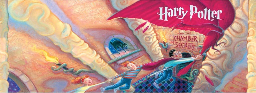 Book cover of 'Harry Potter and the Chamber of Secrets' with colorful design elements.