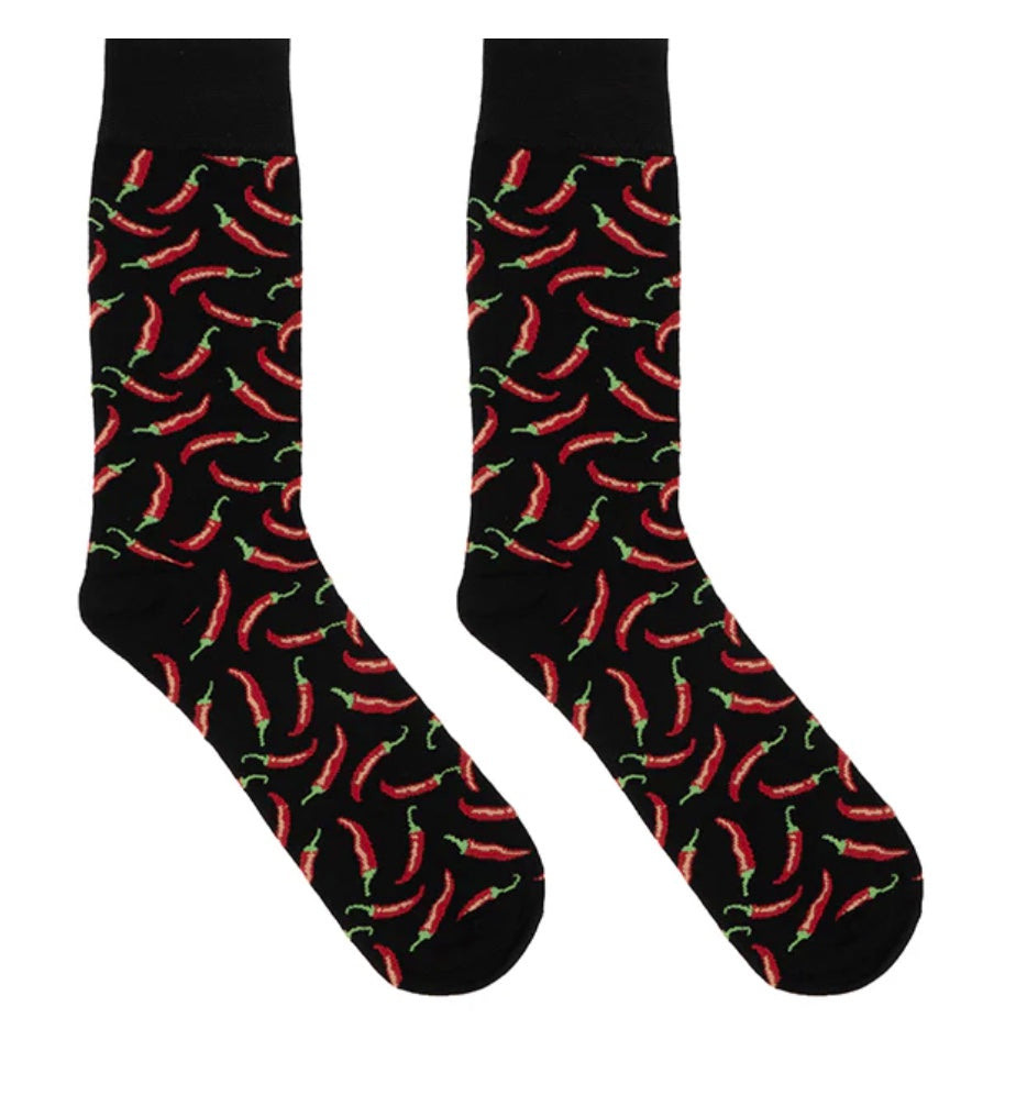 Black socks with red chili pepper design