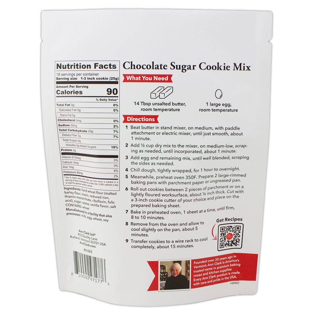 Back view of a white stand-up pouch of Lark Cookies Chocolate Sugar Cookie Mix, showing nutrition facts, directions, and a red QR code panel on a white background.
