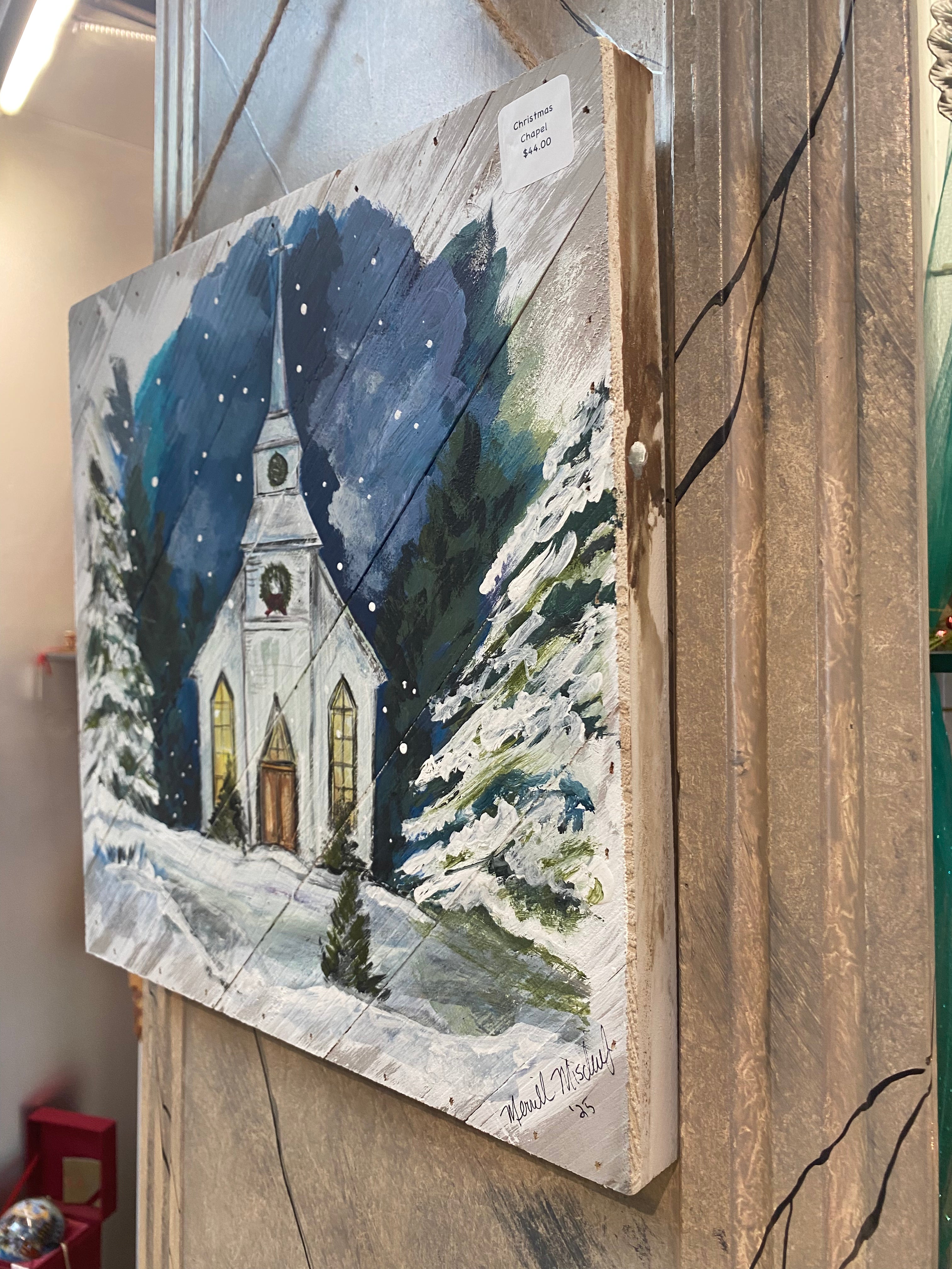 Christmas Chapel- Original painting on wood