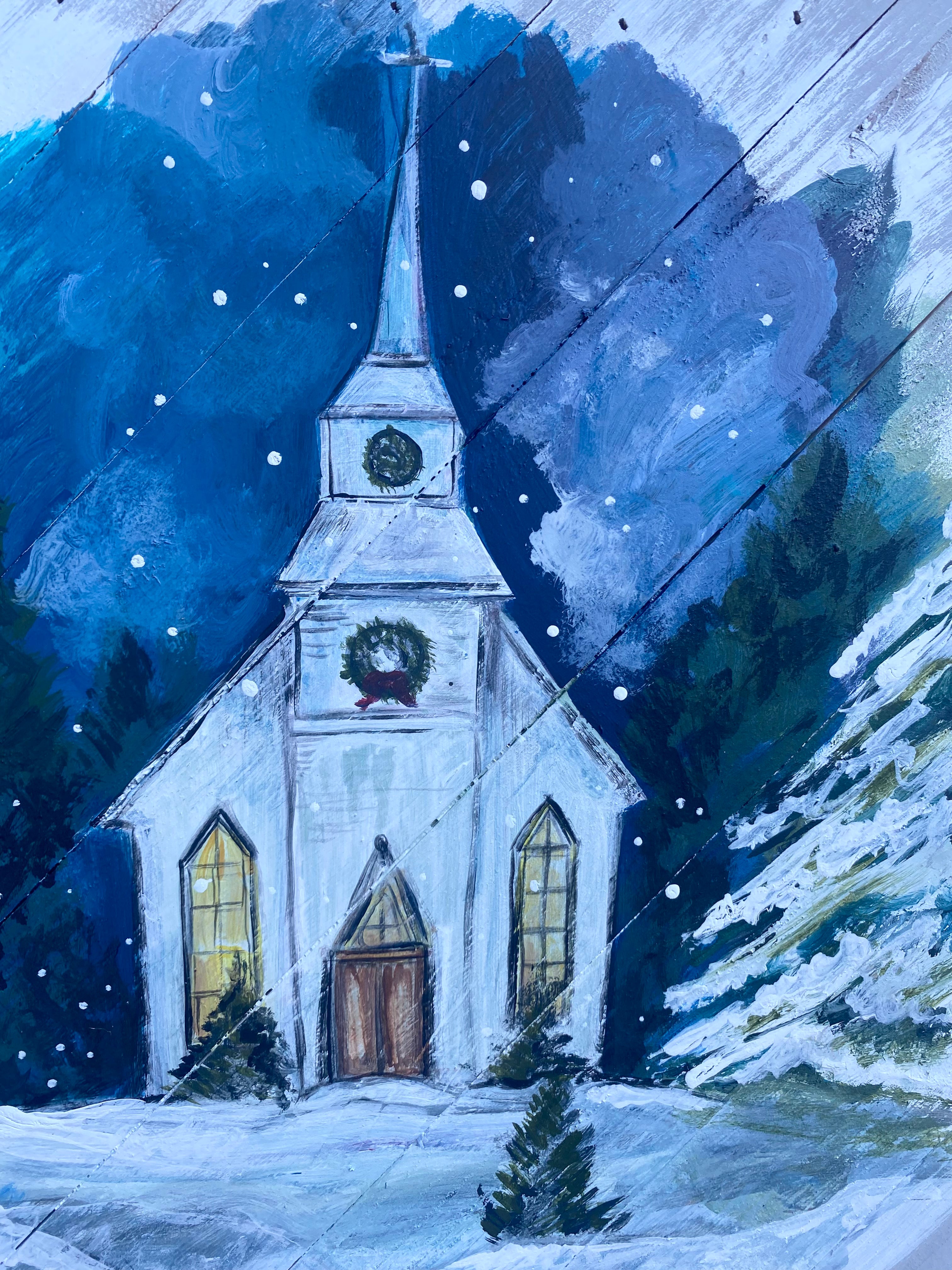 Christmas Chapel- Original painting on wood