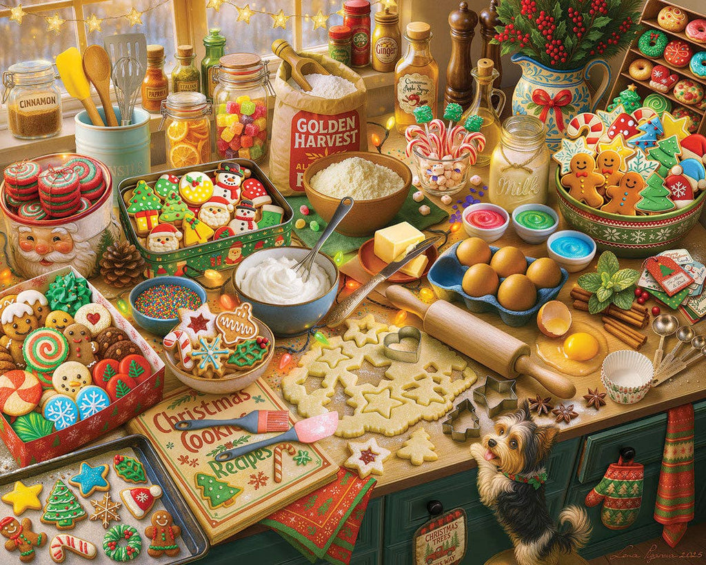 A cozy, detailed holiday kitchen scene filled with decorated gingerbread cookies, candy canes, jars of sweets, baking ingredients, a rolling pin, and a small dog at the bottom right. The scene is highly detailed and festive, with no single packaged retail product isolated as the subject.
