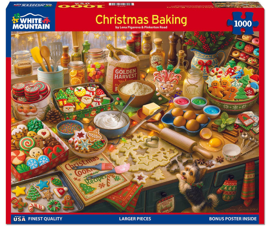 Christmas baking puzzle packaging with a festive kitchen scene and various baking items.