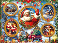 Christmas-themed collage with Santa Claus, Christmas trees, and festive decorations.
