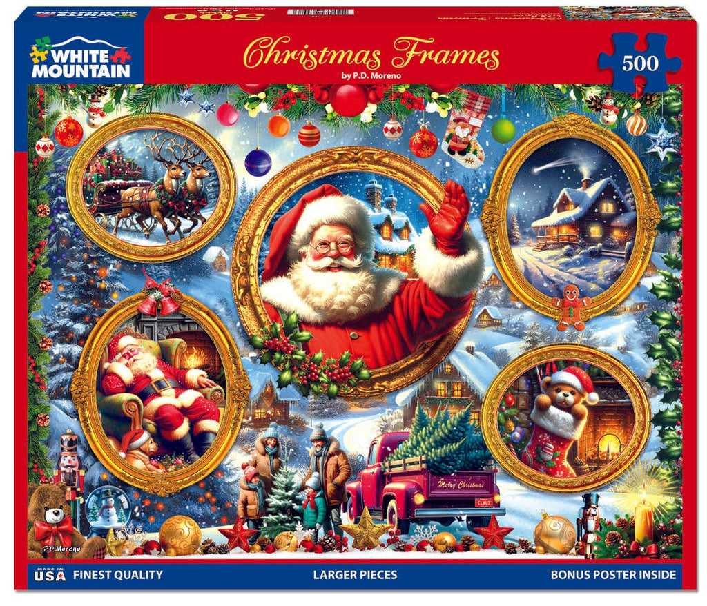 Jigsaw puzzle box featuring Christmas-themed frames with Santa Claus and winter scenes.