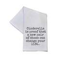 White towel with black text on a white background