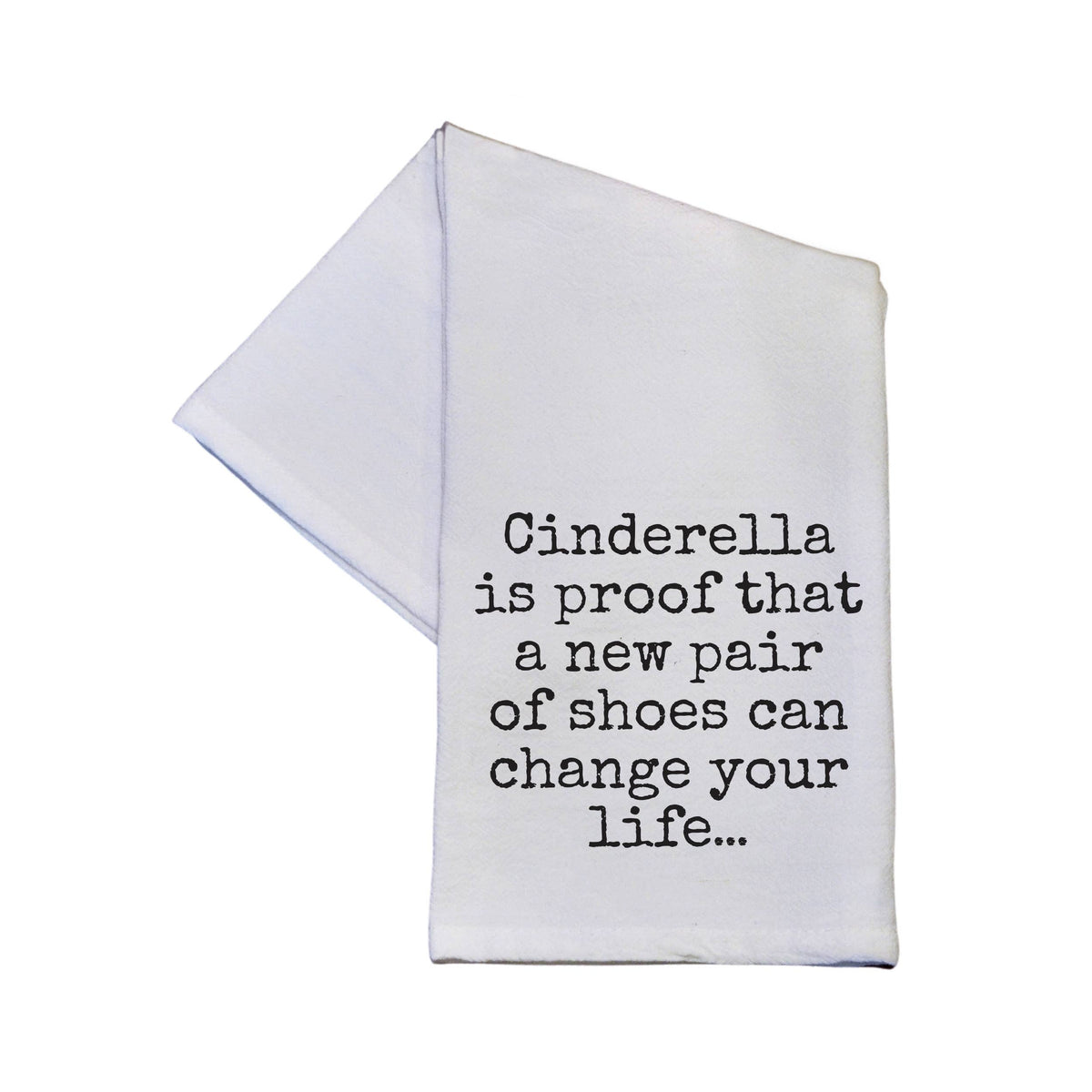 White towel with black text on a white background