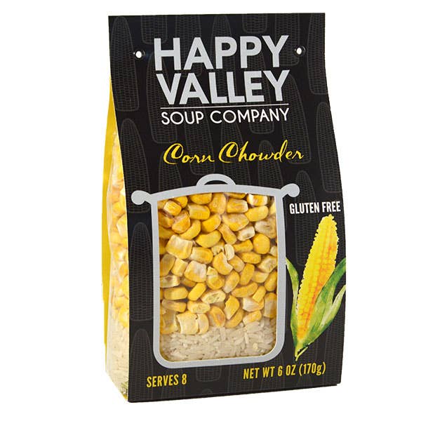 Happy Valley Soup Company corn chowder package with corn kernels and a corn cob on a white background