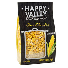 Load image into Gallery viewer, Happy Valley Soup Company corn chowder package with corn kernels and a corn cob on a white background
