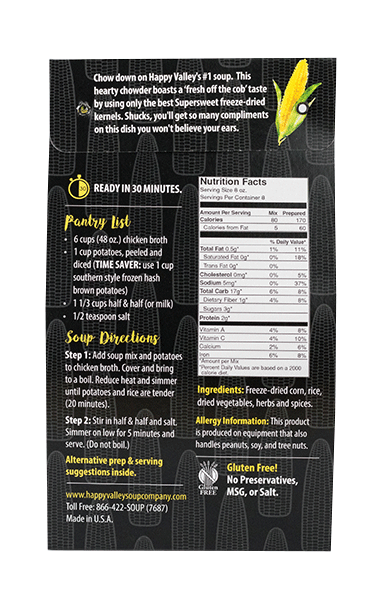 Back of a Happy Valley soup package with nutritional information, ingredients, and preparation directions.