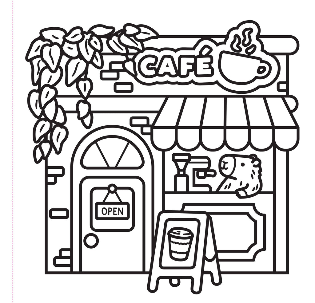 Illustration of a cafe with an open door and coffee-making equipment, suitable for coloring.