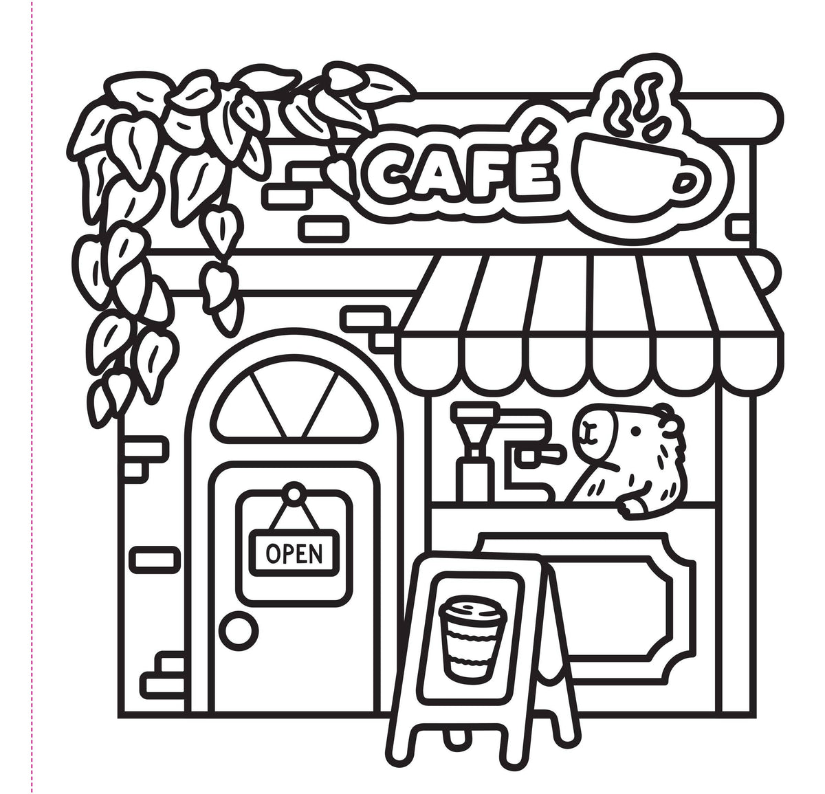 Illustration of a cafe with an open door and coffee-making equipment, suitable for coloring.