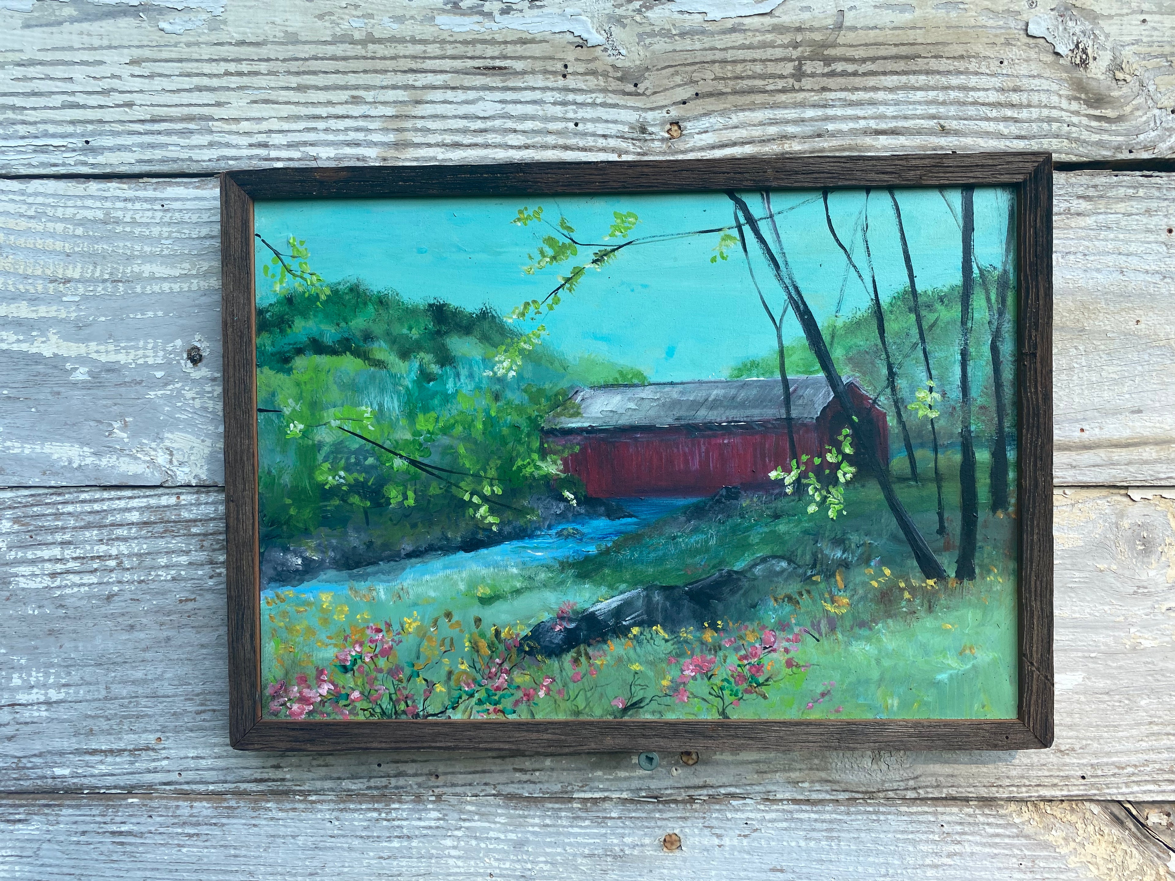 Covered Bridge #10  Original Artwork on Reclaimed Wood