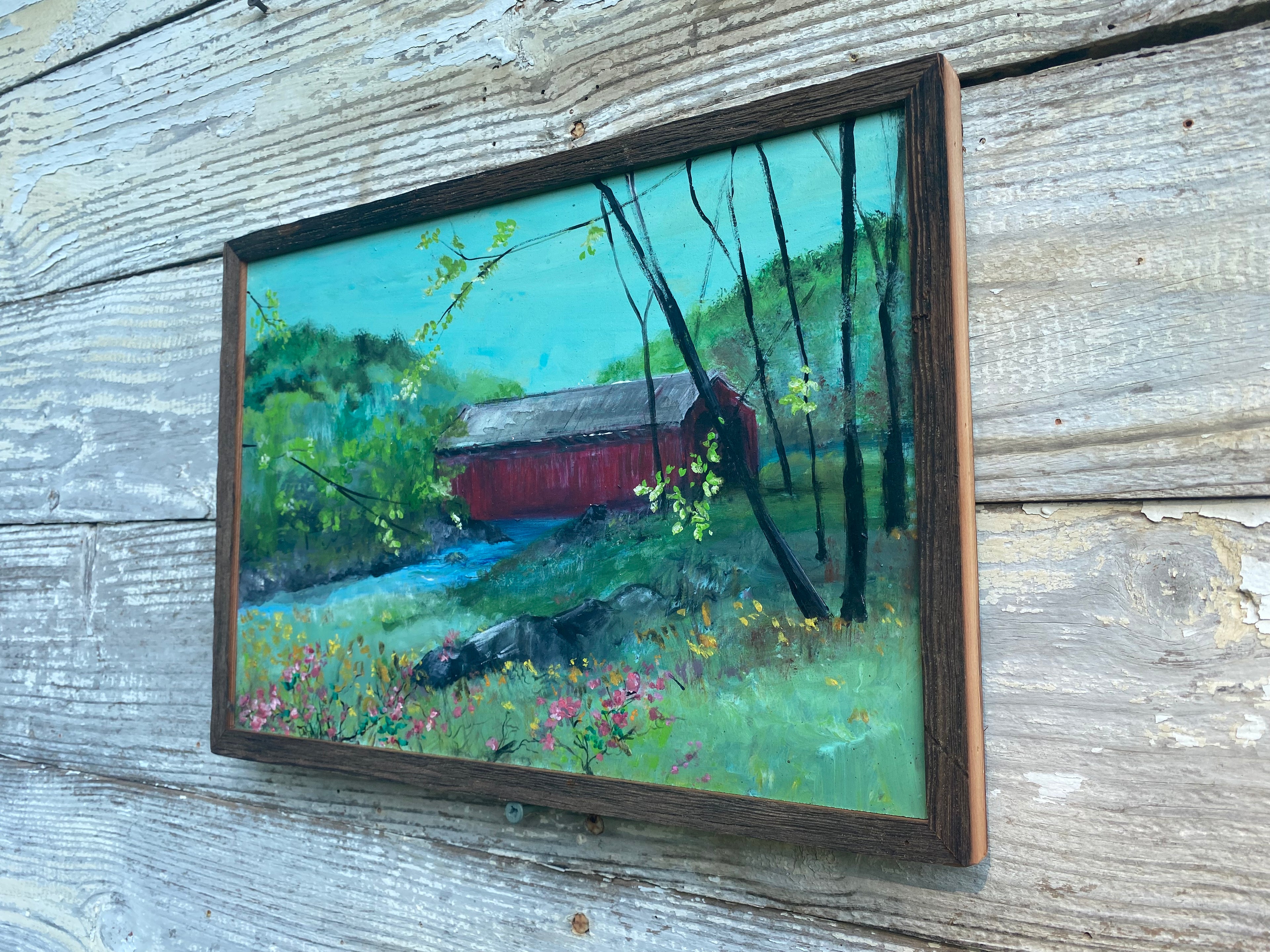 Covered Bridge #10  Original Artwork on Reclaimed Wood