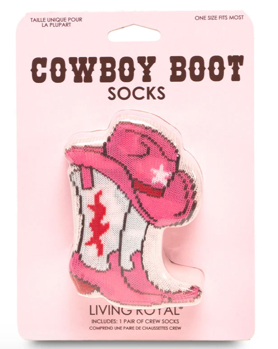 Packaged pink cowboy boot socks with a hat on a pink background, featuring the brand 'Living Royal'.