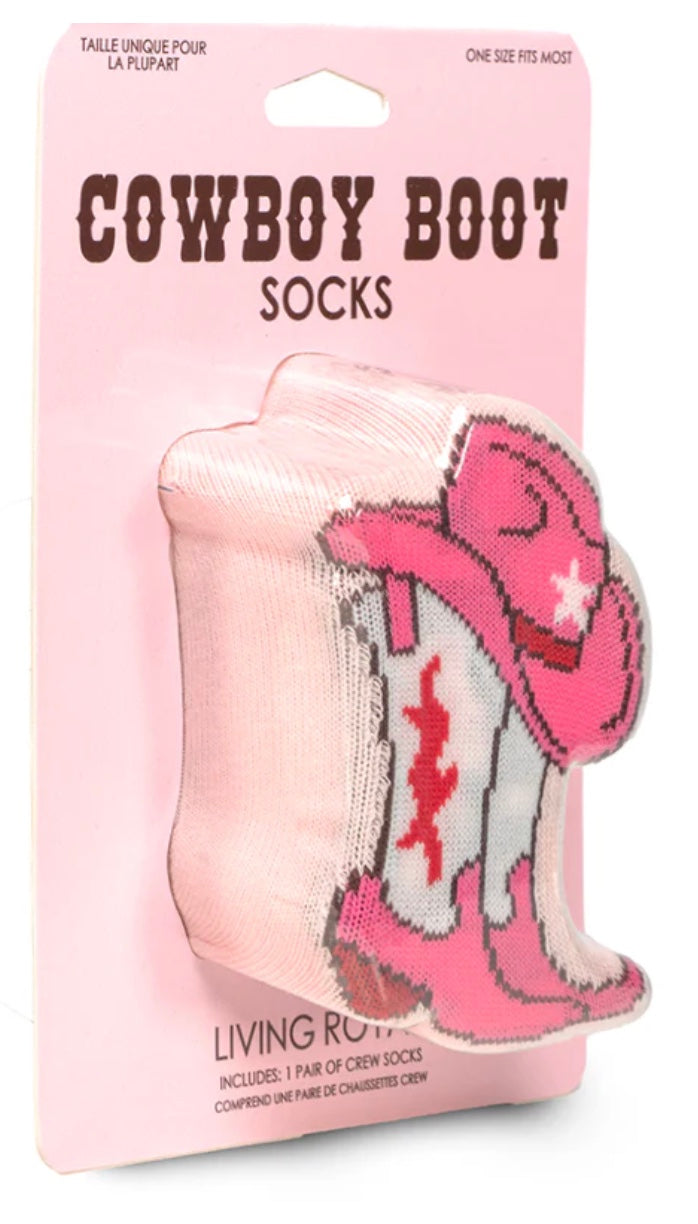 Pink cowboy boot socks packaging with a pink hat and dancer design on a white background