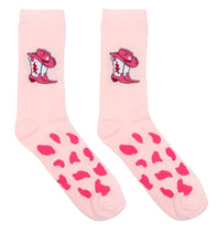 Load image into Gallery viewer, Pink socks with cowboy boot and hat design on a white background
