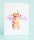 Card with a golden retriever angel holding a heart-shaped arrow on a light blue background