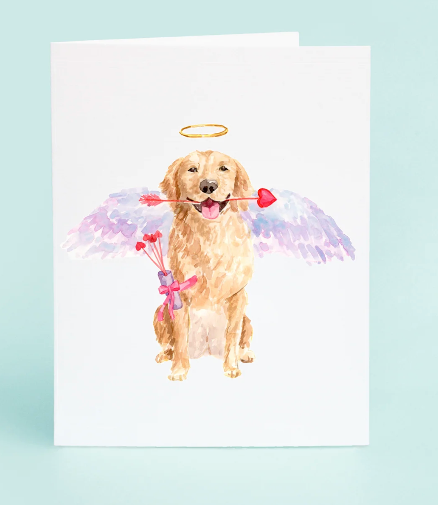 Card with a golden retriever angel holding a heart-shaped arrow on a light blue background