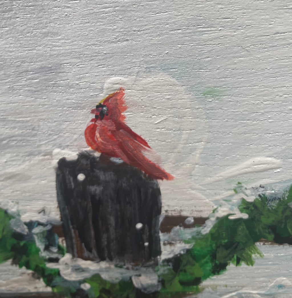 Christmas Barn with Winter Birds - Original Framed Artwork on Reclaimed Wood