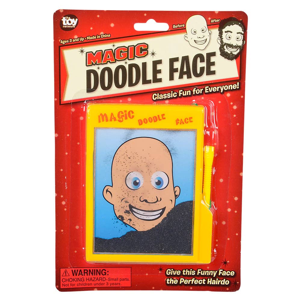 MAGIC DOODLE FACE toy packaging with a cartoon face and red border.