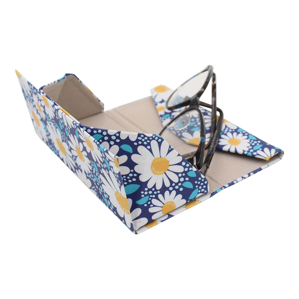 Floral-patterned sunglasses case with sunglasses inside on a white background