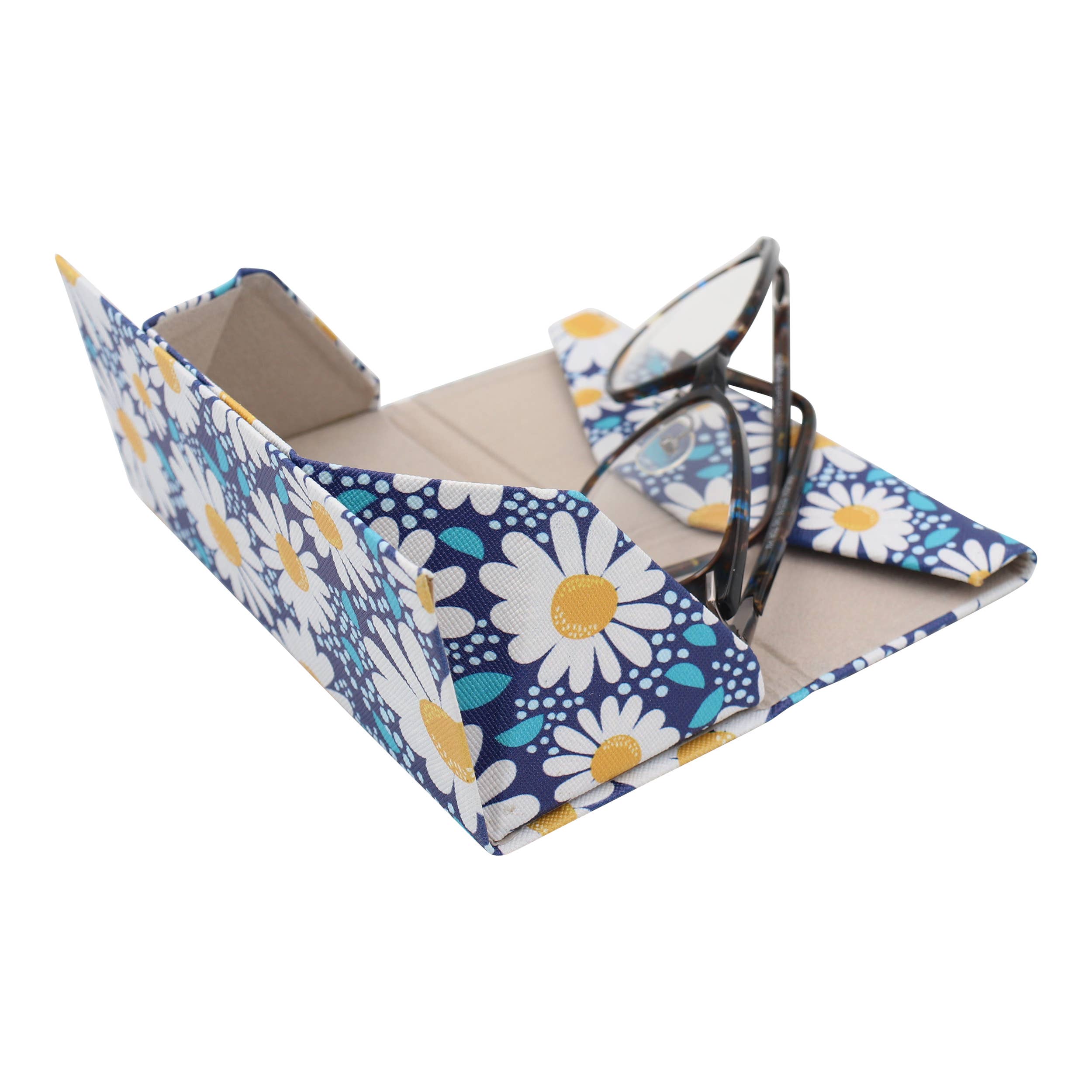 Floral-patterned sunglasses case with sunglasses inside on a white background