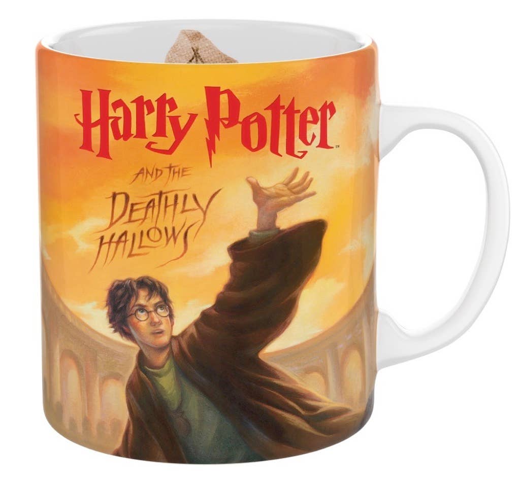 Harry Potter mug featuring a character with 'Harry Potter and the Deathly Hallows' text on an orange background