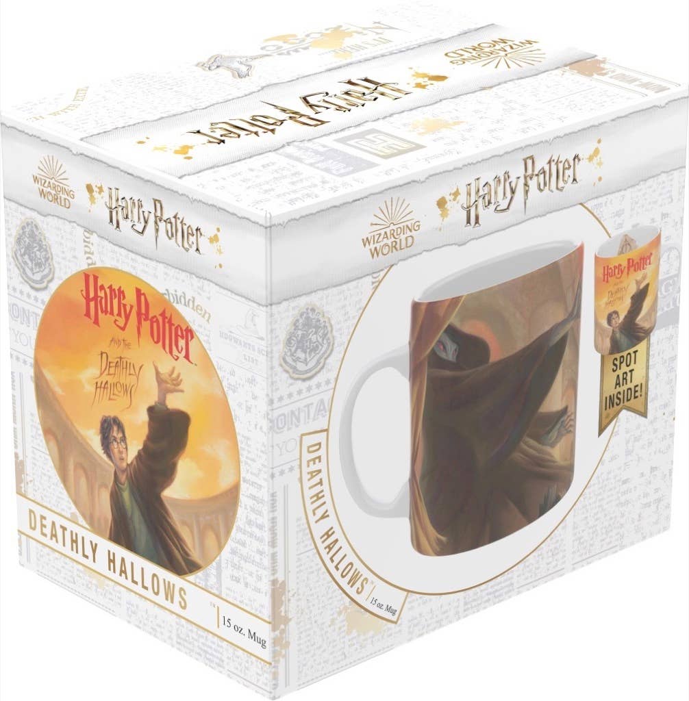 Harry Potter mug in packaging with 'Deathly Hallows' design