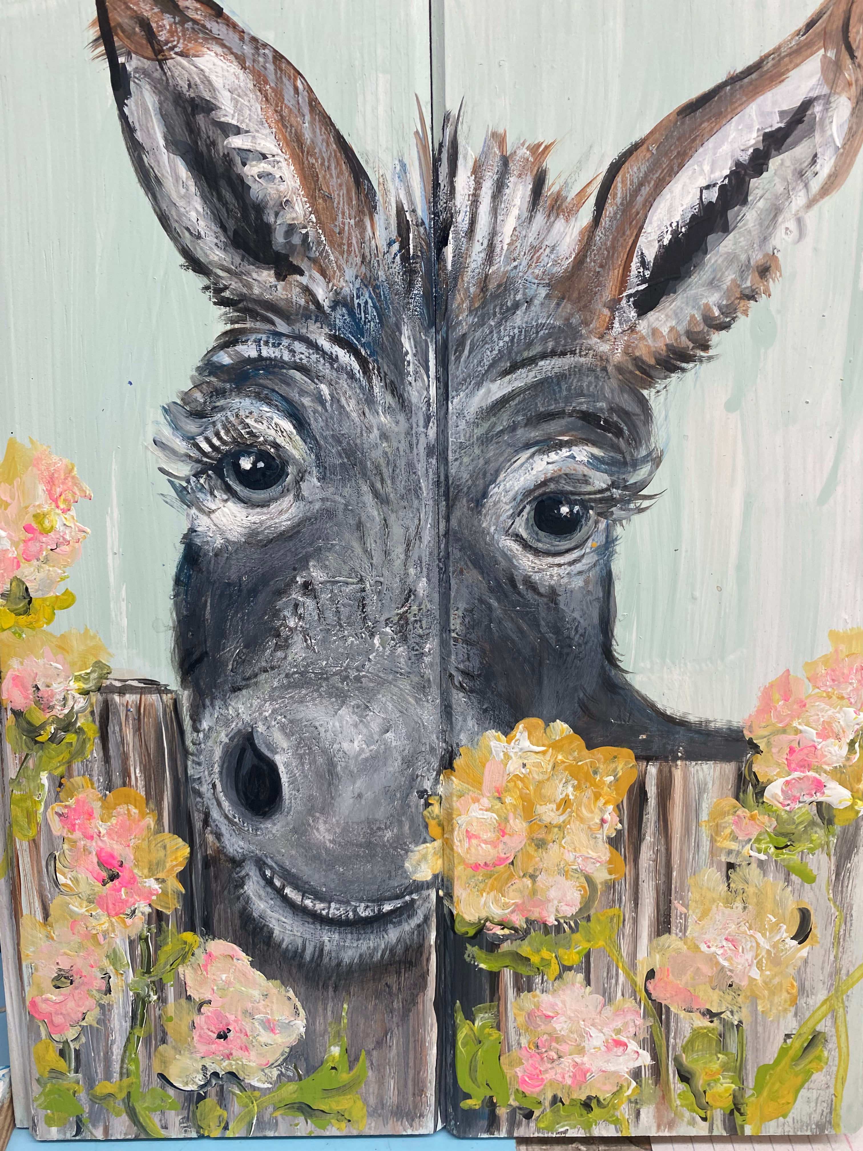 painting of a donkey on reclaimed wood