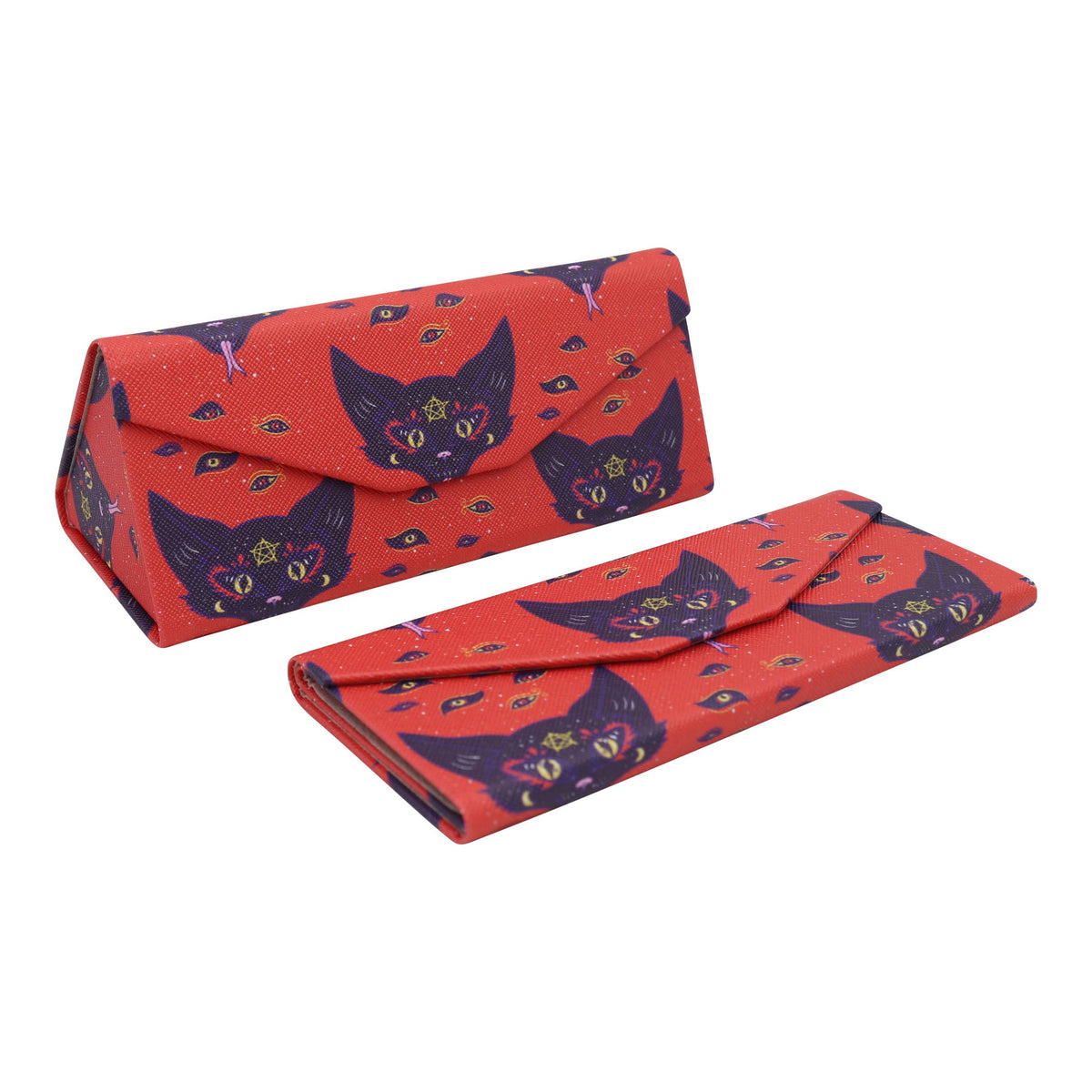 Red clutch bag with cat pattern on a white background