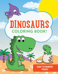 Coloring book cover with cartoon dinosaurs and a purple dinosaur in the sky.