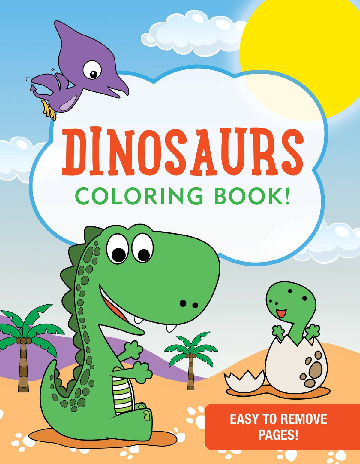 Coloring book cover with cartoon dinosaurs and a purple dinosaur in the sky.