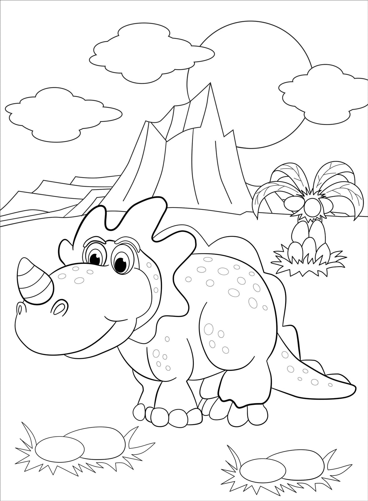 Coloring page with a dinosaur in a prehistoric landscape