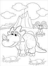 Load image into Gallery viewer, Coloring page with a dinosaur in a prehistoric landscape

